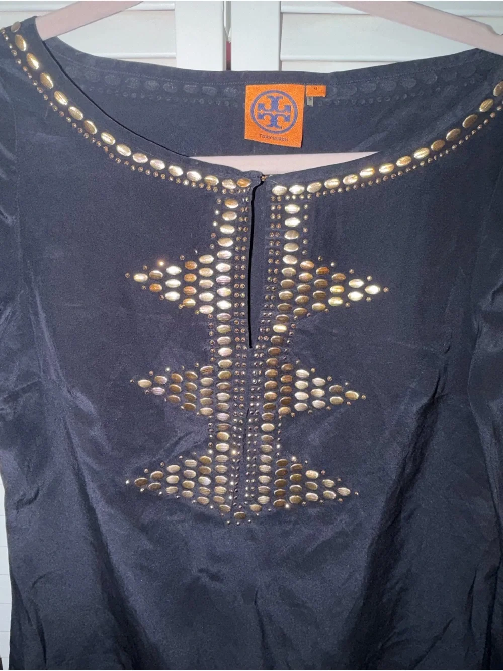 Tory Burch Navy Long-Sleeve Studded 100% Silk Tunic with Gold Accents Size 4